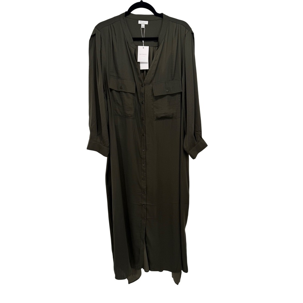 Refinity City‎ Chic Maxi Shirt Dress Olive Green Button Front Women's L NWT